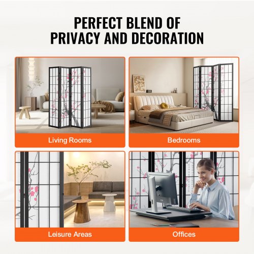 Room Divider 4 Panel Japanese Room Divider Screen Wood Folding Privacy