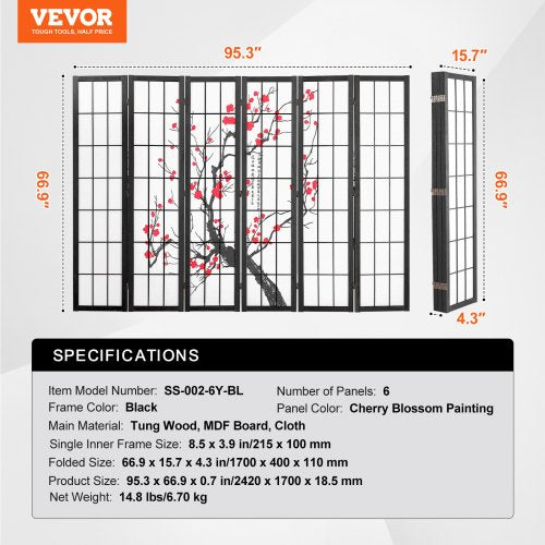 Room Divider 6 Panel Japanese Room Divider Screen Wood Folding Privacy