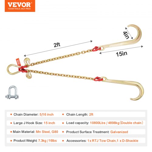 G80 V Bridle Chain 516 x 2 Towing Chain Bridle with 15 J Hooks and Grab