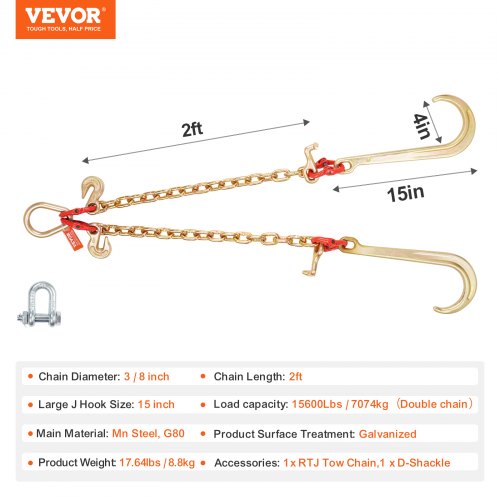 G80 V Bridle Chain 38 x 2 Towing Chain Bridle with 15 J Hooks T Hooks
