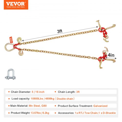 G80 V Bridle Chain 516 x 3 Towing Chain Bridle with R Hooks T Hooks J