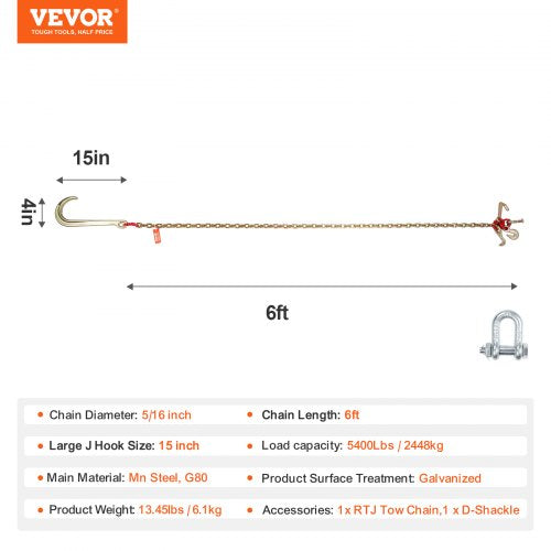 J Hook Chain 516 x 6 G80 15 Long Shank J Hook Tow Chain with RTJ