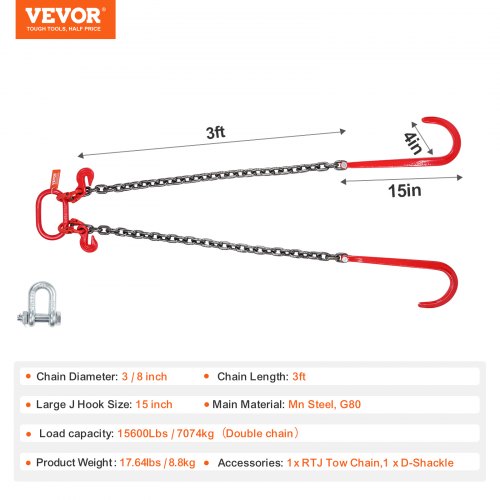 G80 V Bridle Chain 38 x 3 Towing Chain Bridle with 15 J Hooks and Grab