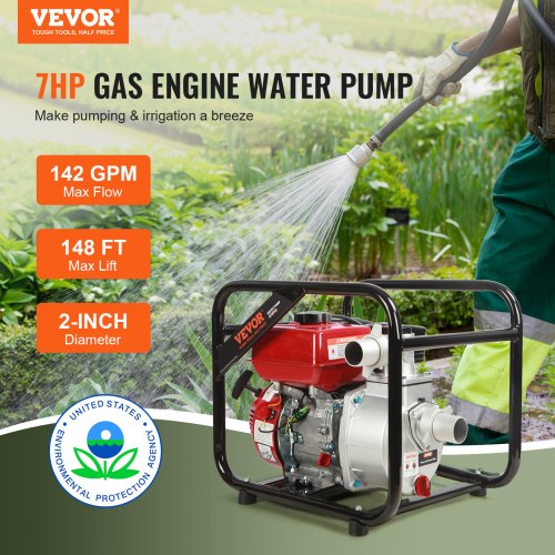 Gasoline Engine Water Pump 2inch 7HP 142 GPM 148ft Lift 22ft Suction