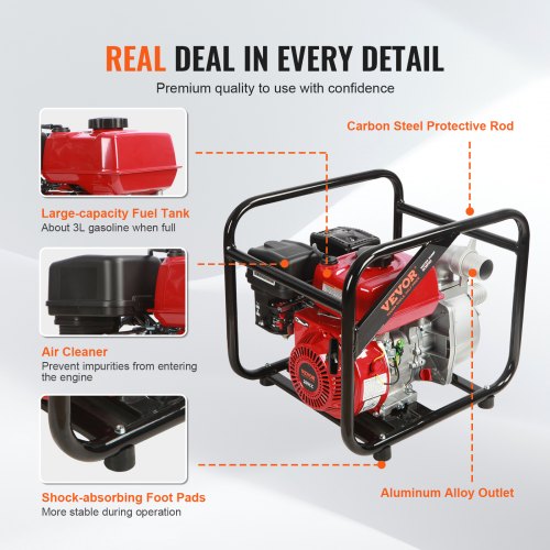 Gasoline Engine Water Pump 2inch 7HP 142 GPM 148ft Lift 22ft Suction