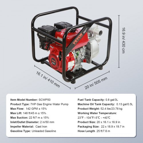 Gasoline Engine Water Pump 2inch 7HP 142 GPM 148ft Lift 22ft Suction