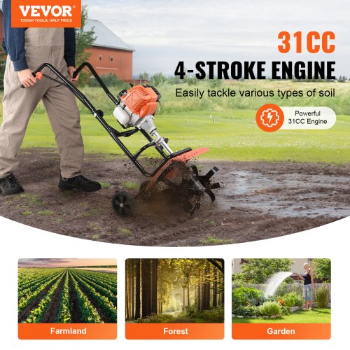 Tiller Cultivator 31CC 4Stroke Garden Cultivator Tiller with 4 Steel