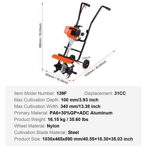 Tiller Cultivator 31CC 4Stroke Garden Cultivator Tiller with 4 Steel