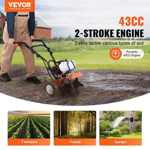 Tiller Cultivator 43CC 2Stroke Garden Cultivator Tiller with 4 Steel
