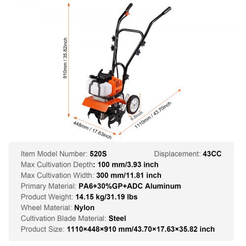 Tiller Cultivator 43CC 2Stroke Garden Cultivator Tiller with 4 Steel