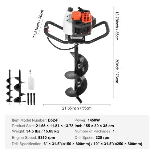 Post Hole Digger 52cc 1450W Auger Post Hole digger Gas Powered Earth
