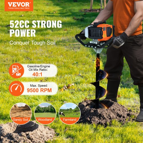 Post Hole Digger Gas Powered 52CC 1450W Earth Auger Gas Auger with 8