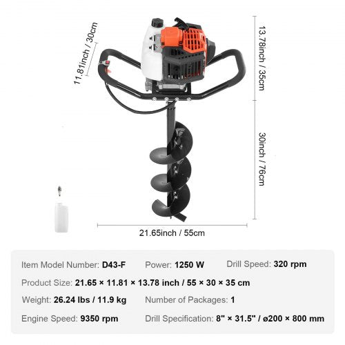 Post Hole Digger 43cc 1250W Auger Post Hole digger Gas Powered Earth