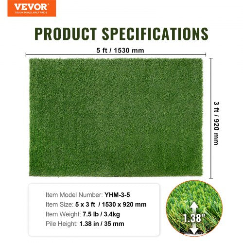 Artifical Grass 3 x 5 ft Rug Green Turf 138 Fake Door Mat Outdoor Patio