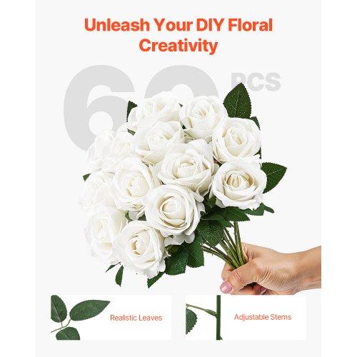 Artificial Flowers 60 pcs Real Looking White Foam Fake Roses Bulk White