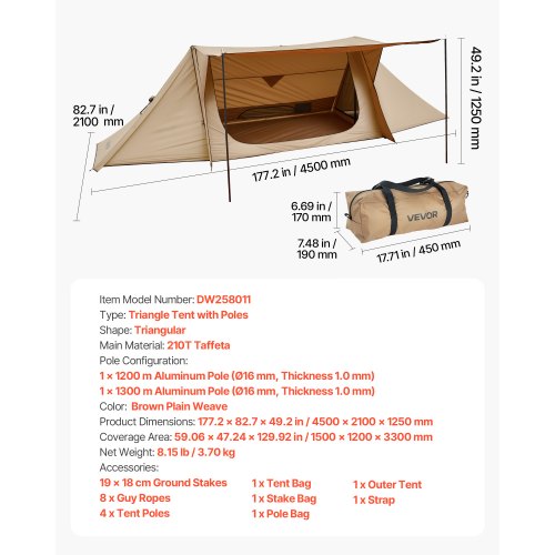 Camping Hot Tent Lightweight Bushcraft Tent with Stove Jack 2 Tarp Poles