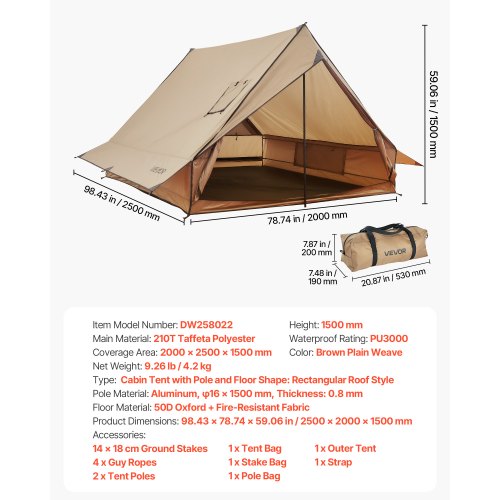 Camping Hot Tent 2 Persons Cabin Tent with Stove Jack Poles Waterproof