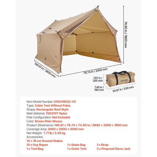 Camping Hot Tent 2 Persons Cabin Hot Tent with Stove Jack Waterproof