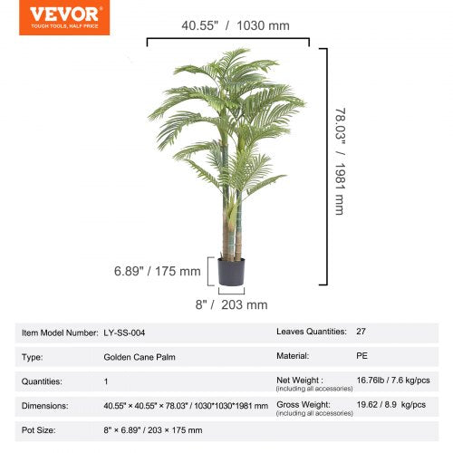 Artificial Gold Cane Palm Tree 6.5 FT Tall Faux Plant PE Material