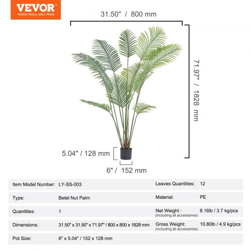 Artificial Palm Tree 6 FT Tall Faux Plant Secure PE Material AntiTip