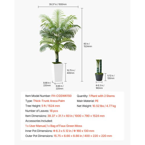 Artificial Areca Palm Tree 5 ft Fake Palm Tropical Plants with White Tall