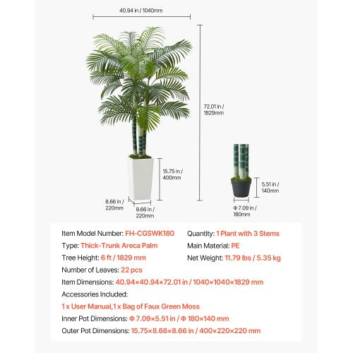 Artificial Areca Palm Tree 6 ft Fake Palm Tropical Plants with White Tall