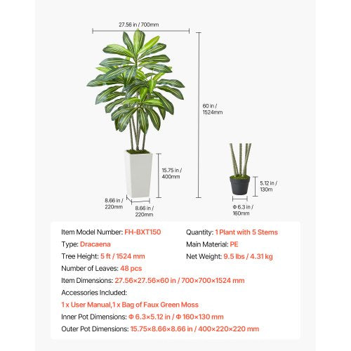 Artificial Dracaena Tree 5 ft Fake Palm Tropical Plants with White Tall
