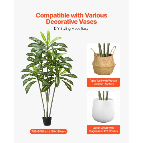 Artificial Dracaena Tree 6 ft Fake Palm Tropical Plants with White Tall