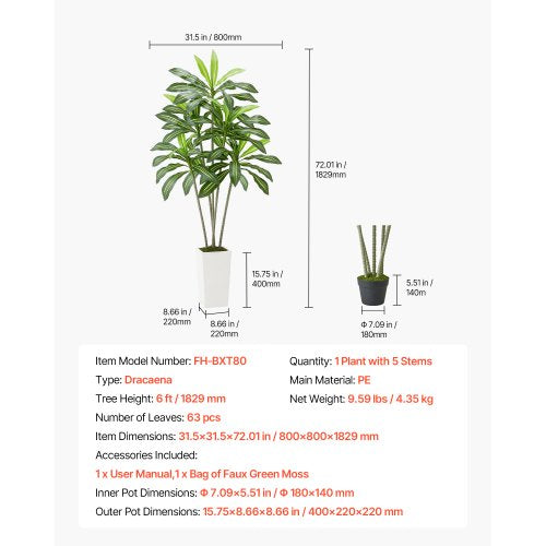Artificial Dracaena Tree 6 ft Fake Palm Tropical Plants with White Tall