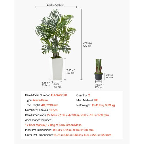 Artificial Areca Palms 4 ft 2 Pack Fake Palm Tropical Plants with White