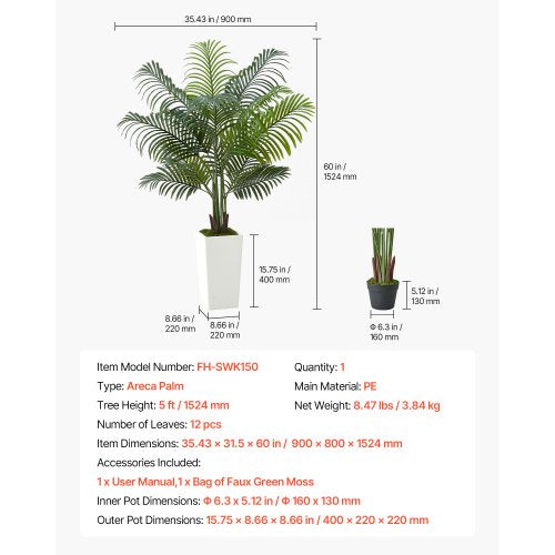 Artificial Areca Palm Tree 5 ft Fake Palm Tropical Plants with White Tall 1