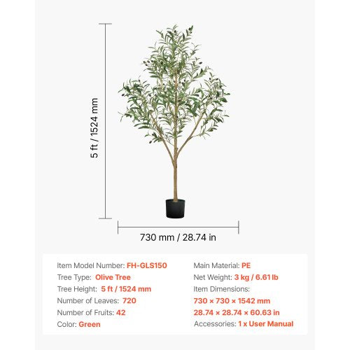 5FT Artificial Olive Tree with Black Pot Tall Fake Tree with Natural Wood