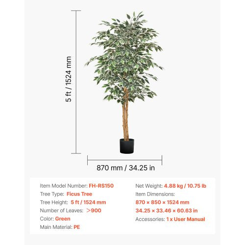 5FT Artificial Ficus Tree with Black Pot Tall Faux Ficus Plant with Natural