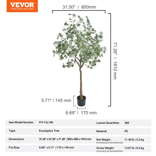Artificial Eucalyptus Tree 6 FT Tall Faux Plant Secure PE Material