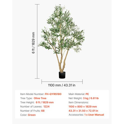 6FT Artificial Olive Tree with Black Pot Tall Fake Tree with Natural Wood