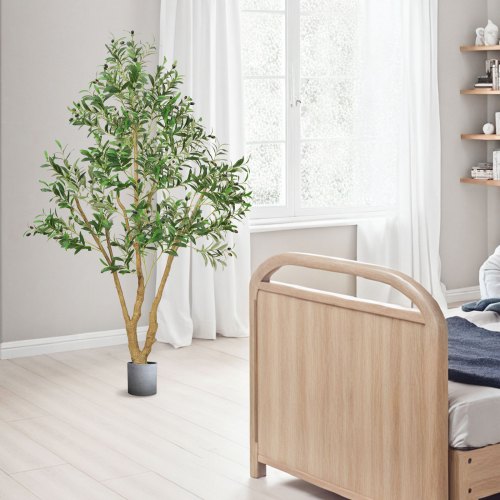 6FT Artificial Olive Tree with Black Pot Tall Fake Tree with Natural Wood