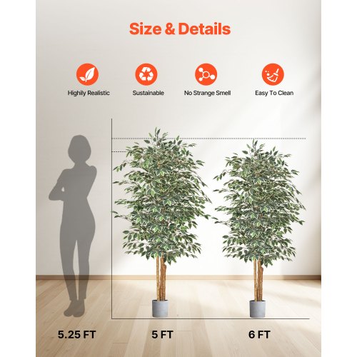 6FT Artificial Ficus Tree with Black Pot Tall Faux Ficus Plant with Natural