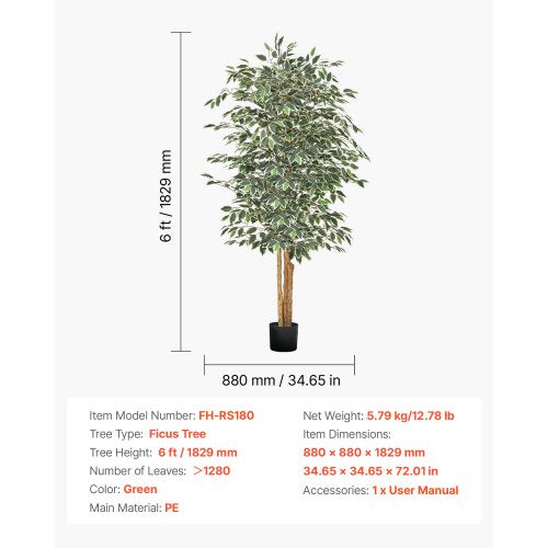 6FT Artificial Ficus Tree with Black Pot Tall Faux Ficus Plant with Natural