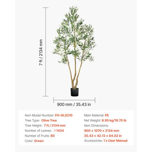 7FT Artificial Olive Tree with Black Pot Tall Fake Tree with Natural Wood