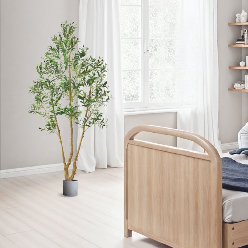 7FT Artificial Olive Tree with Black Pot Tall Fake Tree with Natural Wood