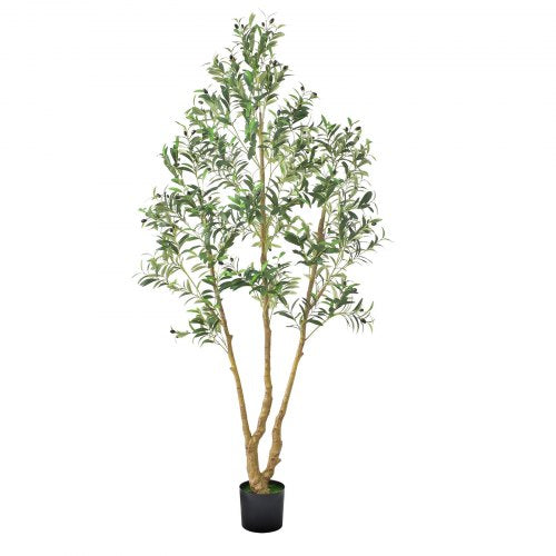 7FT Artificial Olive Tree with Black Pot Tall Fake Tree with Natural Wood