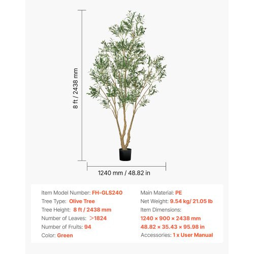 8FT Artificial Olive Tree with Black Pot Tall Fake Tree with Natural Wood