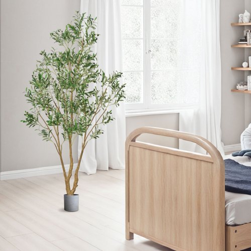 8FT Artificial Olive Tree with Black Pot Tall Fake Tree with Natural Wood