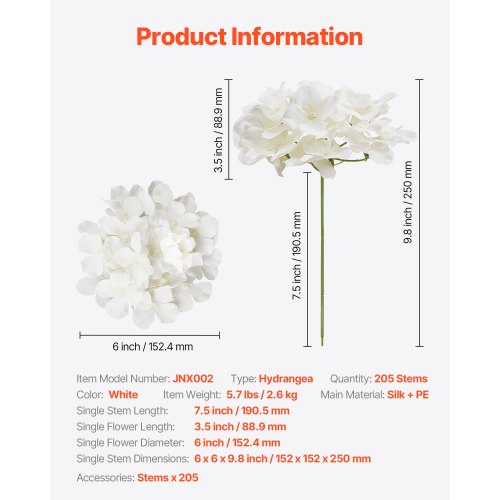 Artificial Flowers 205 pcs Real Looking White Silk Fake Hydrangea Bulk