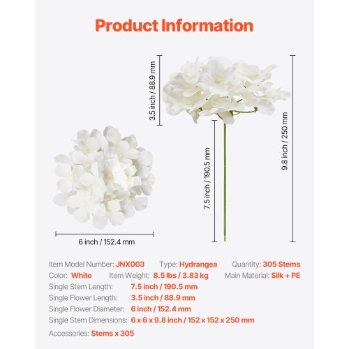 Artificial Flowers 305 pcs Real Looking White Silk Fake Hydrangea Bulk