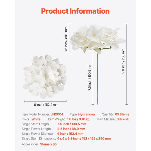 Artificial Flowers 65 pcs Real Looking White Silk Fake Hydrangea Bulk