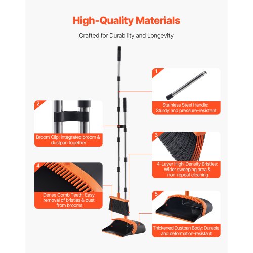 Broom and Dustpan Set Heavy Duty Dustpan and Broom Combo with SelfCleaning