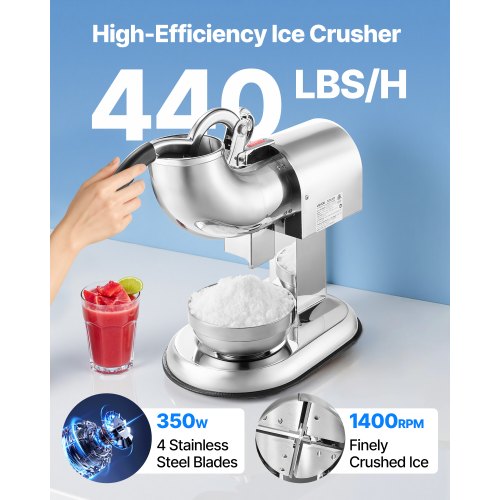 Ice Crusher Machine 440lbs Per Hour Electric 4 Blades Snow Cone Maker All