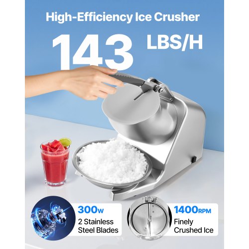 Ice Crusher Machine 143lbs Per Hour Electric 2 Blades Snow Cone Maker