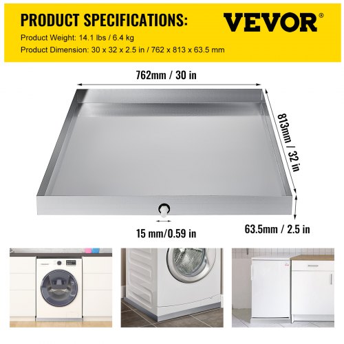 32 x 30 x 2.5 Inch Washing Machine Pan 18 GA Thickness 304 Stainless Steel